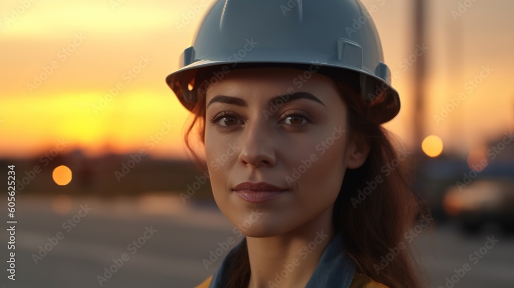 Portrait of a beautiful young woman in a construction helmet on a sunset background.Generative Ai