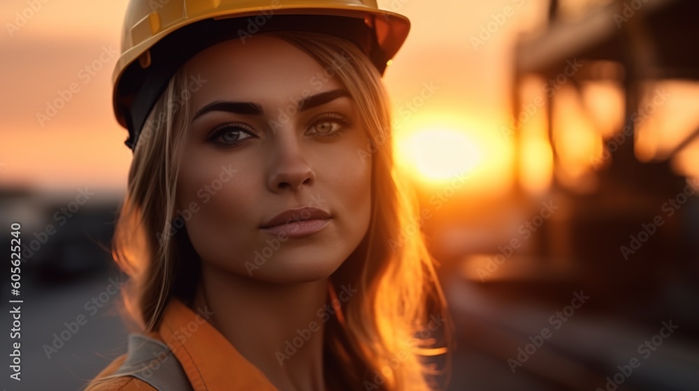 Portrait of a beautiful young woman in a construction helmet on a sunset background.Generative Ai Portrait of a beautiful young woman in a construction helmet on a sunset background.Generative Ai