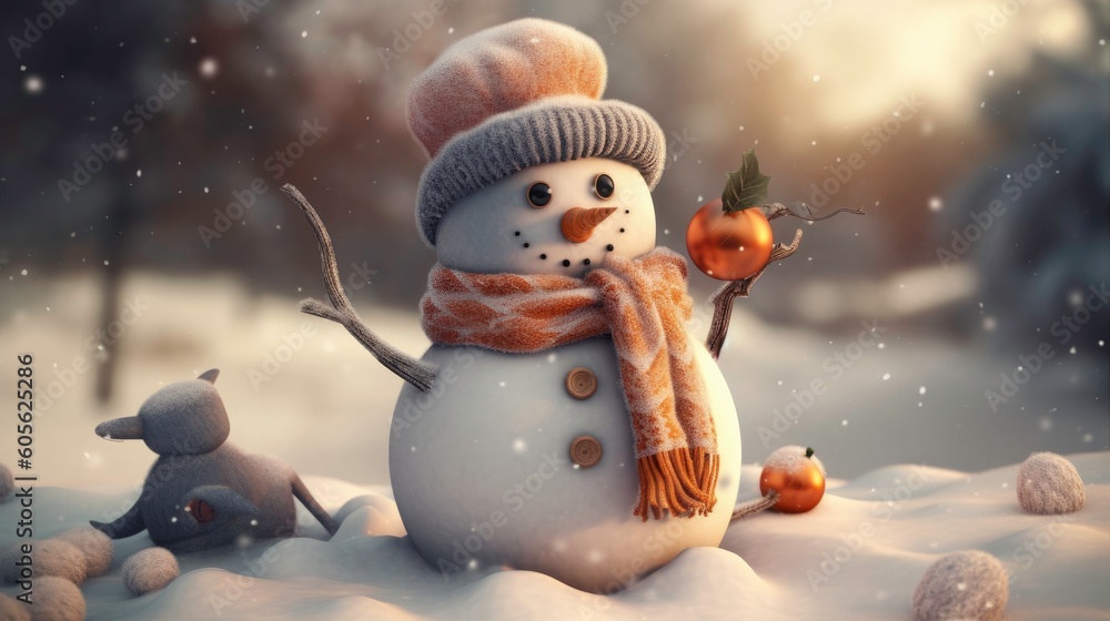 Obraz premium Cute Snowman with Carrot Nose and Scarf on Winter Composition generated by AI