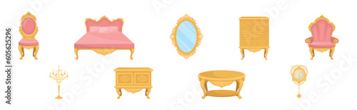 Vintage Furniture and Interior with Chair, Bed, Mirror, Table, Clock, Candlestick and Cabinet Vector Set