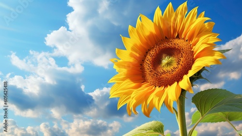 Closeup of a sunflower blossom with blue sky and clouds generated by AI