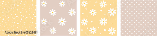 Seamless pattern with simple illustration summer daisy flower head. Vector decorative floral background