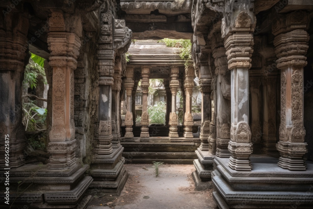 ancient temple, with intricate stone carvings and columns, created with generative ai