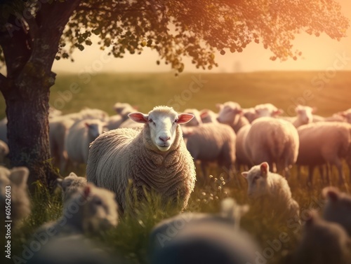 sheep grazing under a tree in a farm meadow. Generative AI 