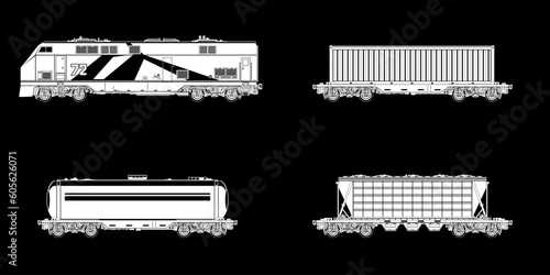 Railway freight wagons, white locomotive silhouette with wagons on a black background, car the tank, hopper car and container platforms, vector illustration
