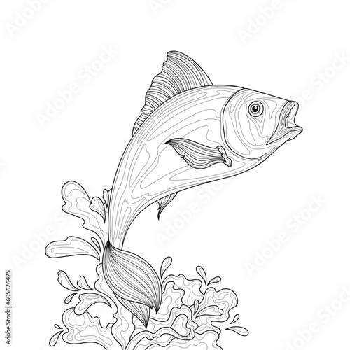Fish and splashes of water.Coloring book antistress for children and adults. Illustration isolated on white background.Zen-tangle style. Hand draw