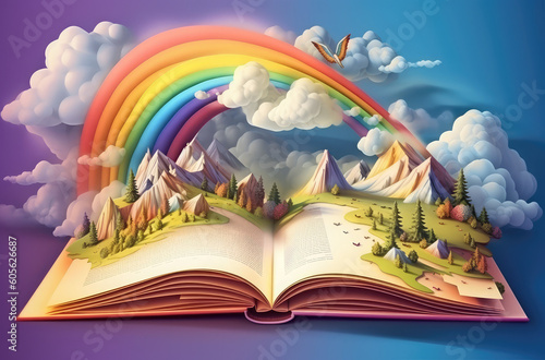 open book scene with rainbow, clouds and mountains, generative AI