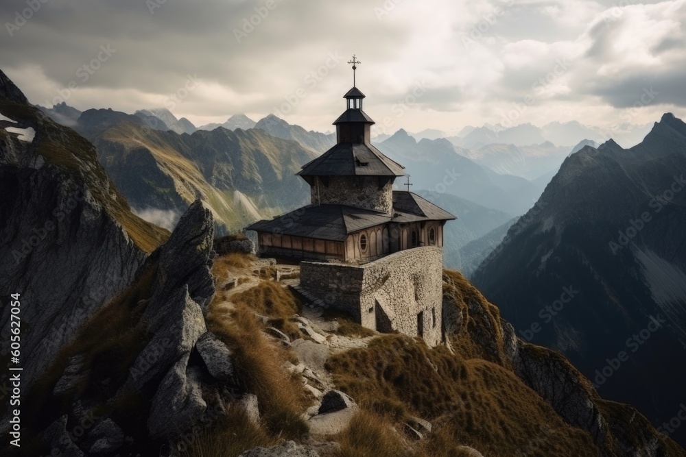 grandiose chapel surrounded by majestic mountains, a symbol of faith and strength, created with generative ai