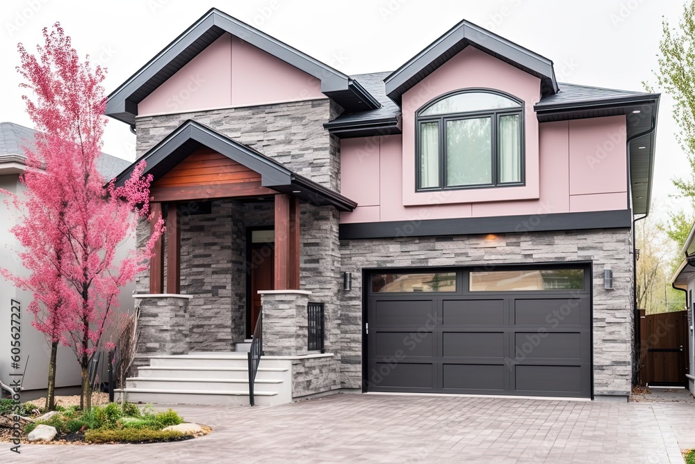 Modern Aesthetic: New Double Garage House with Pink Siding, Natural Stone Embellishments, generative AI