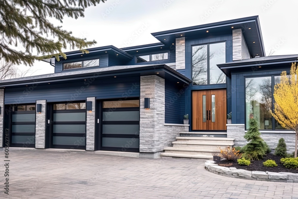 Modern Aesthetic: Dark Blue Siding with Natural Stone Embellishments and Double Garage in New Construction House, generative AI