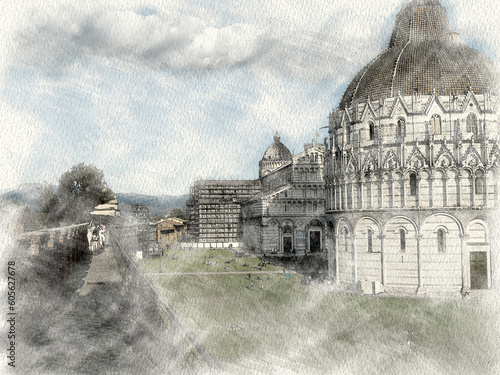 Watercolor of an architecture in Pisa in Italy