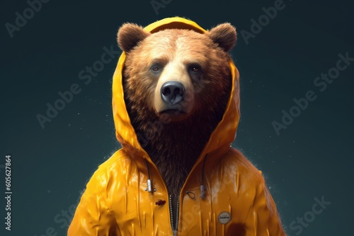 Beautiful and charming illustration of a brown bear wearing a yellow raincoat on a plain-colored background. Generative AI