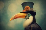 A toucan with a stylish hat, in the style of old cinematic look, anthropomorphized animal, dark and elegant background. Generative AI