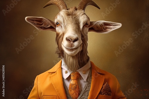 An anthropomorphized goat dressed as a businessman in golden tones, with orange and beige colors. Generative AI
