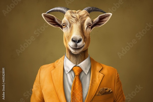 An anthropomorphized goat dressed as a businessman in golden tones, with orange and beige colors. Generative AI © Gelpi