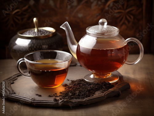 Traditional hot black tea for breakfast on tray. Drinks in glass cup, dry tea and teapot for International Tea Day. Generative AI 