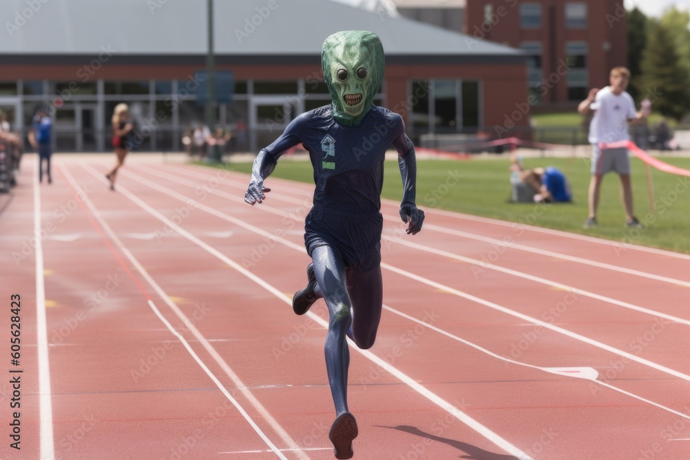alien athlete running 100-meter dash, with the finish line in sight, created with generative ai