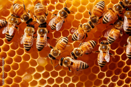 Bees on honeycombs with honey slices nectar into cells, created with Generative AI Technology