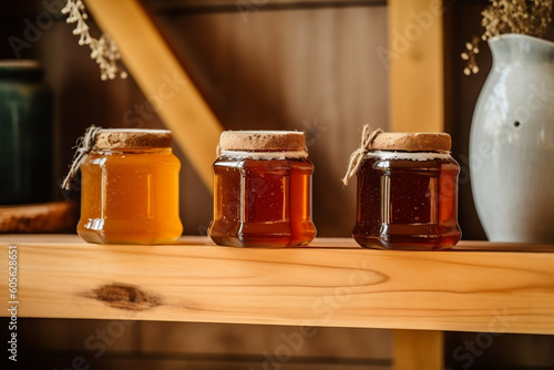 three glass jars filled with different types of honey on a wooden shelf, created with Generative AI Technology