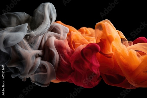 Elegant background of two orange, white, and red smokes flowing on a black backdrop, in the style of a colorful palette. Generative AI