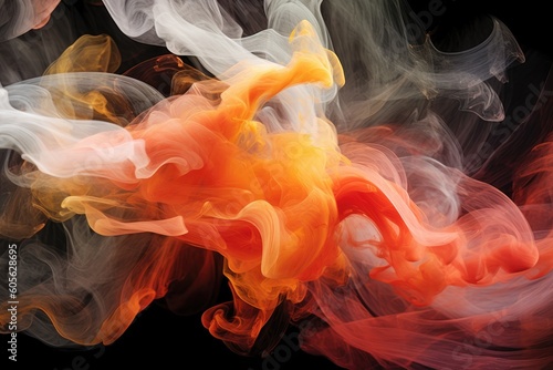 Elegant background of two orange, white, and red smokes flowing on a black backdrop, in the style of a colorful palette. Generative AI