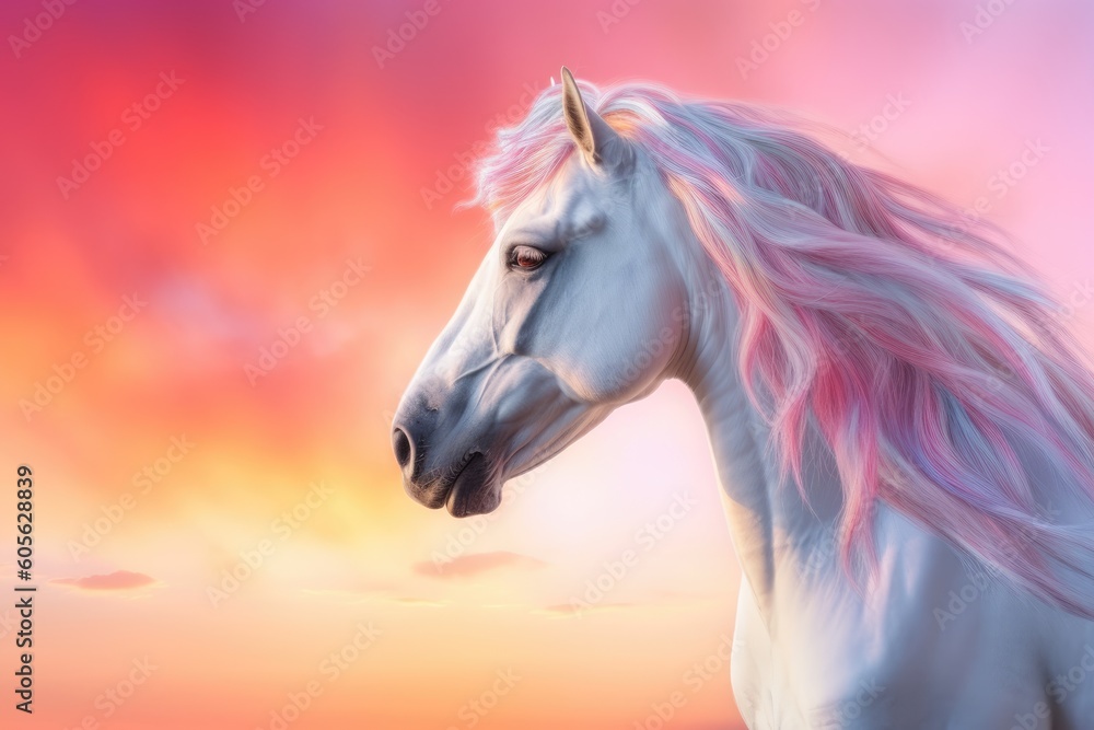 Fantasy portrait of a white horse in a colorful sunset with a rainbow, light shades of white and pink. Generative AI Fantasy portrait of a white horse in a colorful sunset with a rainbow, light shades of white and pink. Generative AI