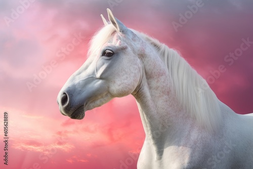 Fantasy portrait of a white horse in a colorful sunset with a rainbow, light shades of white and pink. Generative AI © Gelpi