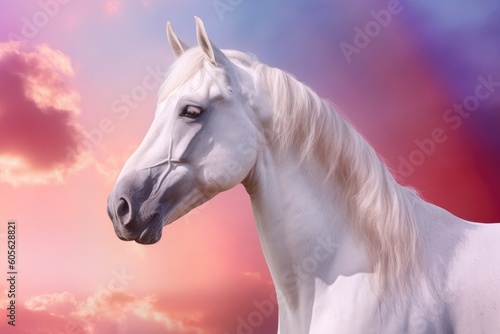 Fantasy portrait of a white horse in a colorful sunset with a rainbow  light shades of white and pink. Generative AI