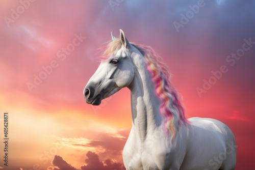 Fantasy portrait of a white horse in a colorful sunset with a rainbow  light shades of white and pink. Generative AI
