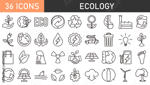 Linear ecology icons. Eco friendly related icon set in minimal style.
