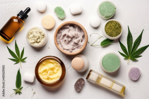 cbd oil being used in a variety of beauty products, including face masks and bath bombs, created with generative ai