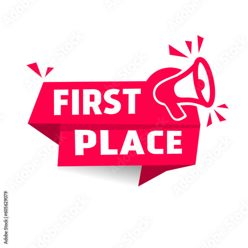 First place award icon. First award winner badge guarantee winning prize ribbon symbol. Chat speech bubble icon signs.