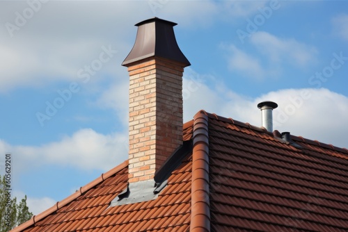 classic brick chimney with metal smoke deflector and stovepipe on a roof with wooden shingles, created with generative ai photo