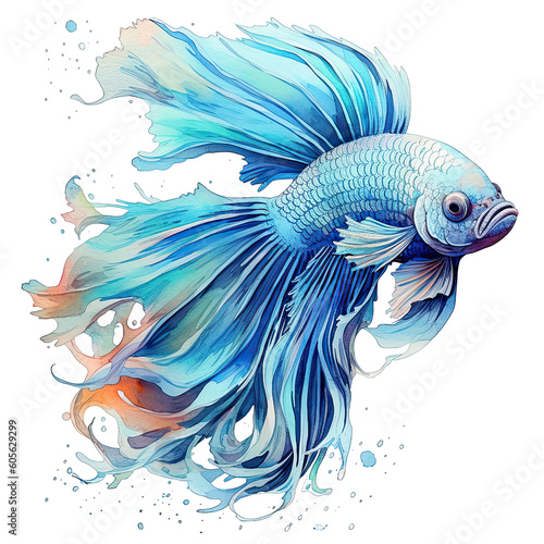 siamese betta fish with beautiful tail illustration Watercolor isolated on white transparent background, PNG ,Generative AI © HappyTime 17