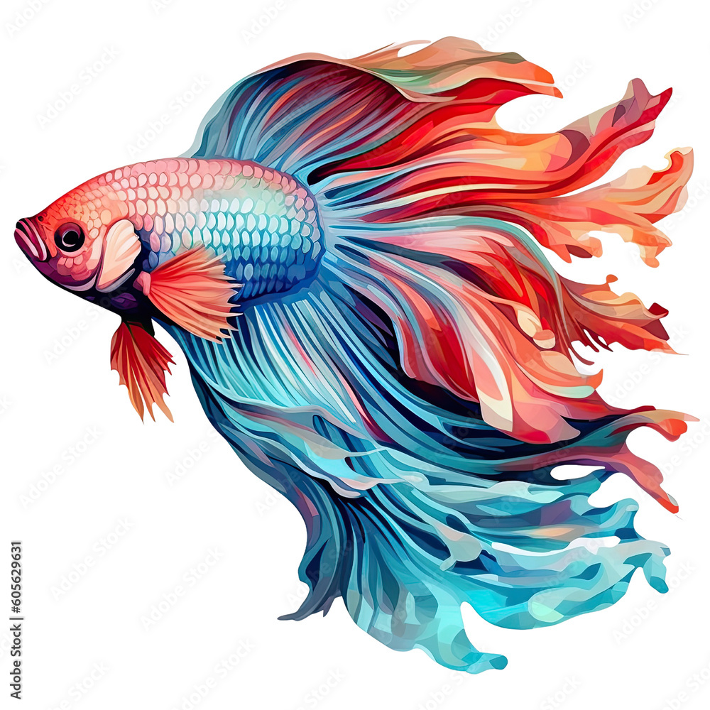 Fototapeta premium siamese betta fish with beautiful tail illustration Watercolor isolated on white transparent background, PNG ,Generative AI