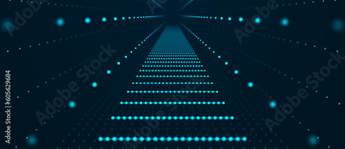 Abstract tunnel of dots. Abstract gradient dynamic wave of glowing particles. Network of neon dots. Big data. Digital background. 3D wormhole with a mesh structure. Vortex. 3d rendering