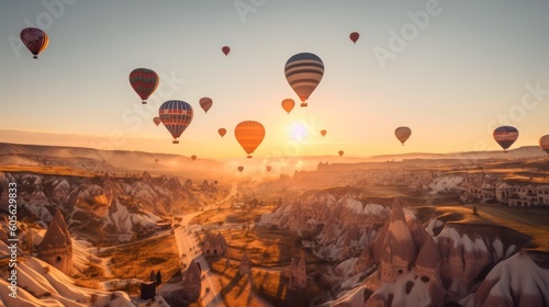 Hot air balloon tour over mountain landscape. Spring dawn. Generative AI