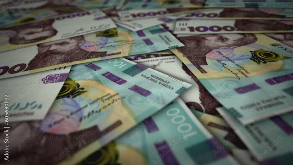 Ukrainian Hryvnia 1000 UAH banknote surface. Flying over Ukraine money note. 3D abstract concept of business, inflation, economy, finance, crisis and banking. Seamless and looped. Ukrainian Hryvnia 1000 UAH banknote surface. Flying over Ukraine money note. 3D abstract concept of business, inflation, economy, finance, crisis and banking. Seamless and looped.