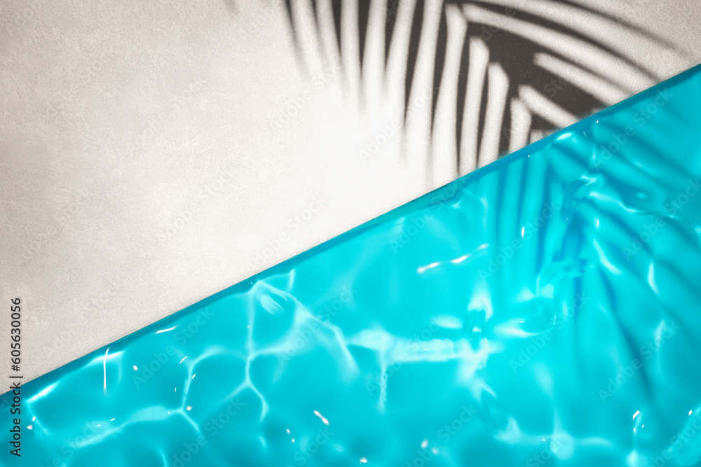 Luxury swimming pool and palm shadow in water top view. Summer tropical background for product placement podium mockup. - obrazy, fototapety, plakaty 
