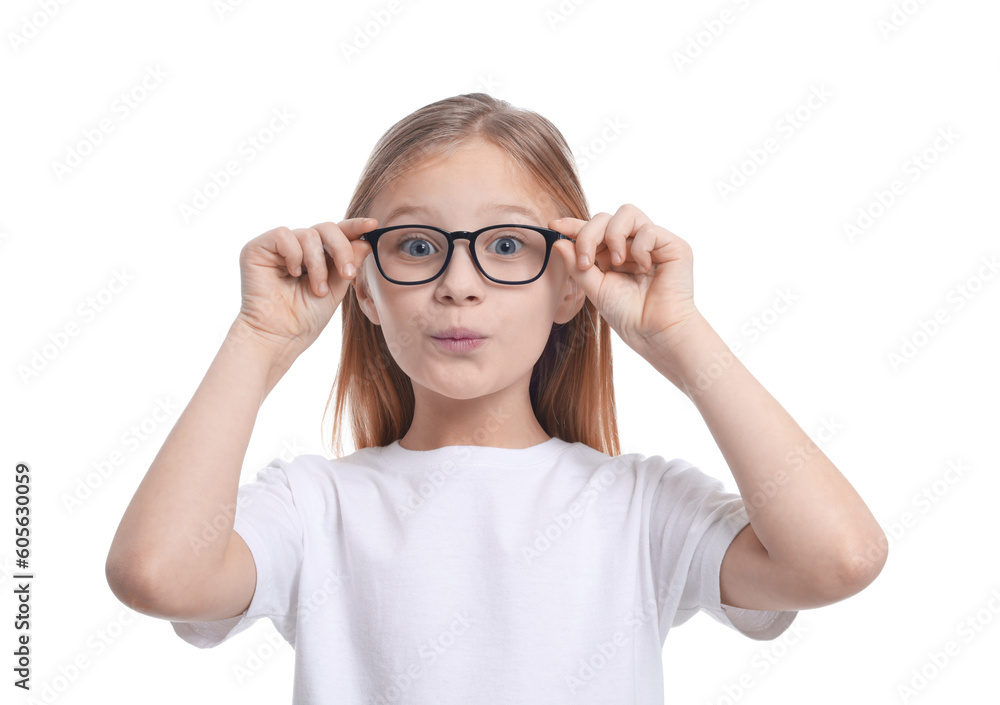 Portrait of emotional girl in glasses on white background Portrait of emotional girl in glasses on white background