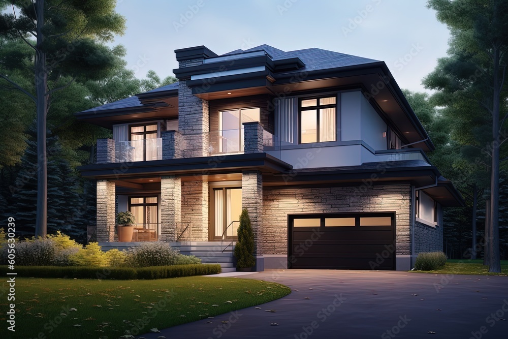 Avant-Garde Layout Meets Cosmopolitan Living: A Newly Developed Home with Natural Stone Entrance, Light Blue Siding, and Single Car Garage, generative AI Avant-Garde Layout Meets Cosmopolitan Living: A Newly Developed Home with Natural Stone Entrance, Light Blue Siding, and Single Car Garage, generative AI