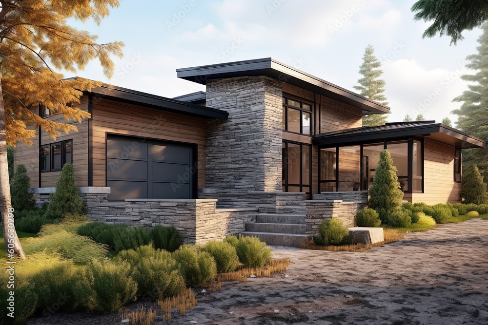 Avant-Garde Layout and Natural Stone Entrance Highlight This Newly Developed Cosmopolitan Home with Single Car Garage and Gray Siding, generative AI