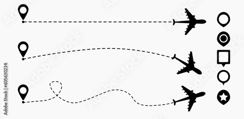 Airplane line path icon with start point
