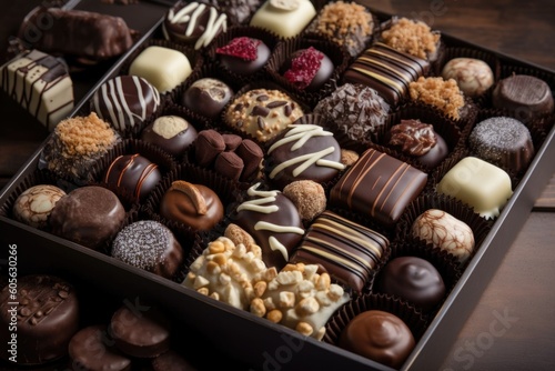 box of rich and decadent chocolates with variety of sweet treats, created with generative ai