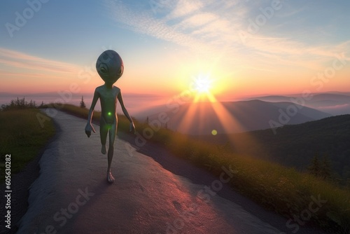 alien jogging on scenic mountain trail  with the sunrise in the background  created with generative ai