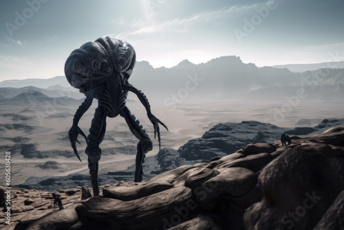 alien life form walking across rocky surface  with breathtaking vistas in the background  created with generative ai