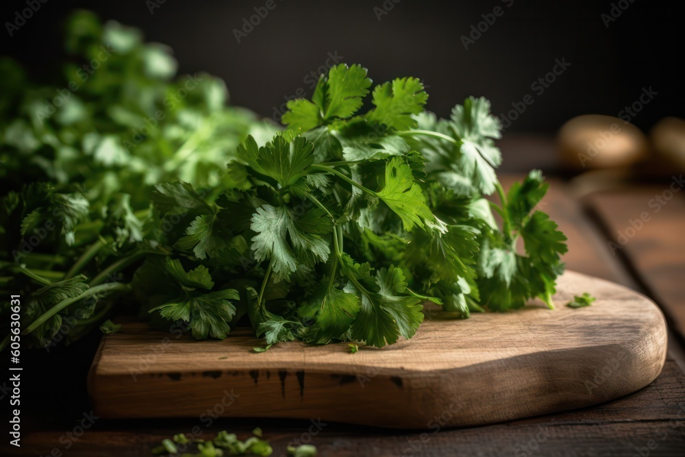 a bunch of parsley on a wooden board in the kitchen. .Generative AI a bunch of parsley on a wooden board in the kitchen. .Generative AI