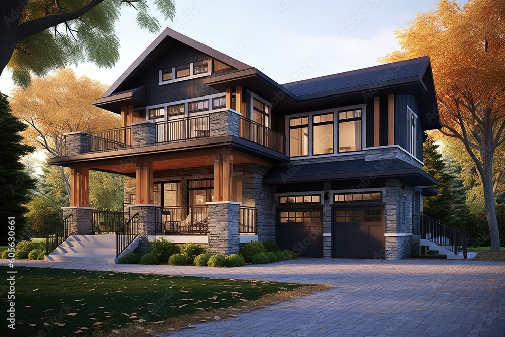 Double Garage, Dark Green Siding, and Natural Stone Porch: Exploring an Innovative Aesthetic in a Dynamic New Development Dwelling, generative AI