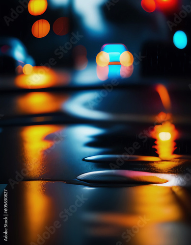 Lights and shadows are reflected on the wet road in the evening