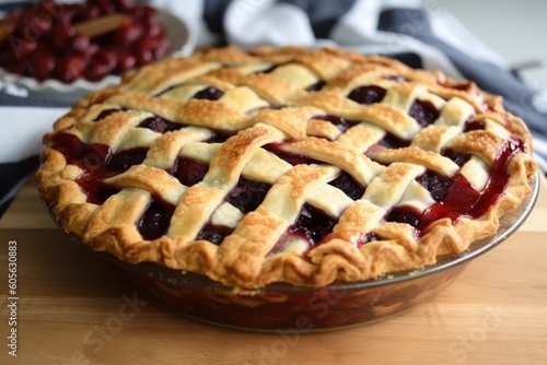cherry pie with lattice top crust, ready to be served and enjoyed, created with generative ai